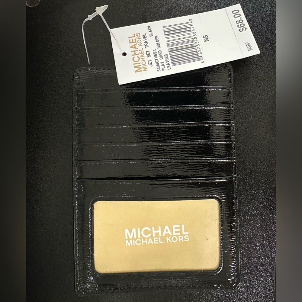 BNWT Michael Kors Jet Set Leather Black ID & Card Holder with Gold Zipper